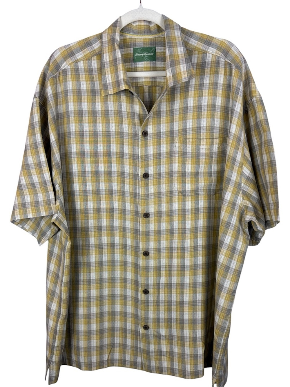 Tommy Bahama 100% Silk Plaid Short Sleeve Camp Shirt Yellow Grey Men's XXL